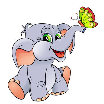 Funny cartoon baby elephant with butterfly