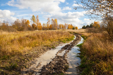 Tracks filled with mud and puddles