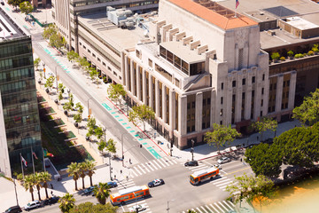 View of Spring Street and buildings in Los Angeles