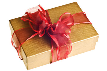 gold gift with red bow isolated