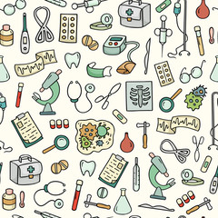 Cartoon bright seamless pattern with laboratory equipments. Can be used for wallpaper, web page background, surface textures. Hand-drawn medical vector with collection of hospital tools.