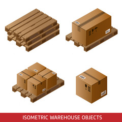 Set of isometric cardboard boxes and pallets isolated on white.