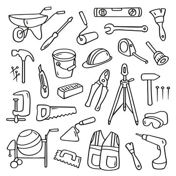 Big cartoon set of operating tools. Cute collection of building subjects. Hand-drawn vector illustration isolated on white. Each element is grouped separately.