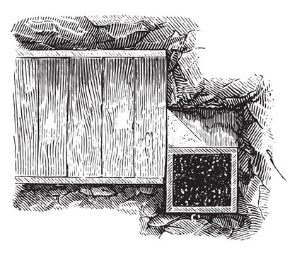 Mine chamber, vertical section 1/50, vintage engraving.