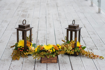 flowers in a wooden box wedding