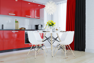 Kitchen in red, white, black