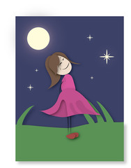 Cartoon girl in a pink dress looking at the sky at night.