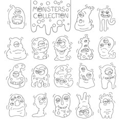 Set of cute monsters and aliens with many eyes. Cartoon funny doodle monster collection. Hand drawn vector for kids. All objects grouped and isolated on white.