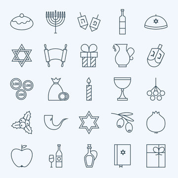 Line Holiday Happy Hanukkah Icons Set