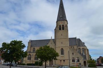 Church with tower in Belgian village