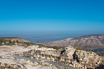 Ancient ruins at Umm Qais with the Sea of Galilee