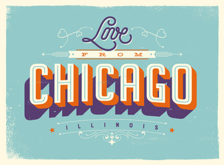 Vintage style Touristic Greeting Card with texture effects - Love from Chicago, Illinois - Vector EPS10. - obrazy, fototapety, plakaty