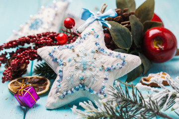 Christmas decorations on a wooden background, closeup