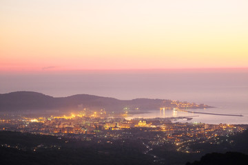 Landscape with the image of Bar panarama, Montenegro,  sunset