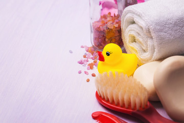 Accessories for bathing of the child with space for the text