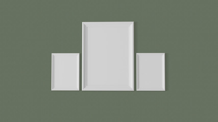 3d rendered three blank picture frames on gallery wall