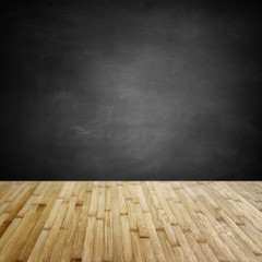 Wood floor boards and empty chalkboard background