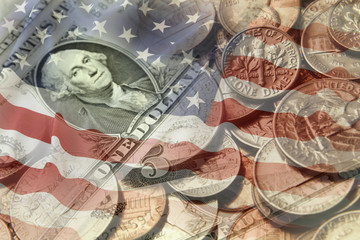 Fototapeta na wymiar USA finance flag coins banknote
