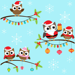 Christmas owls on branches