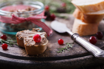Liver pate with cranberries .Appetizer for Christmas.selective focus.
