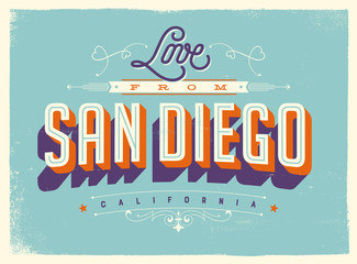 Vintage style Touristic Greeting Card with texture effects - Love from San Diego, California - Vector EPS10. - obrazy, fototapety, plakaty