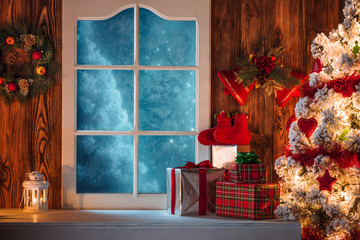 Christmas scene with tree gifts and frozen window in background - 96126013