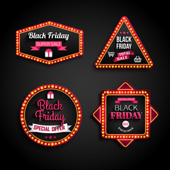 Set of Black Friday Super and Total Sale, Special Offer retro light frame isolated on black background
