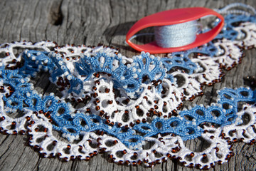 handmade white and blue lace, frivolite ankars technique