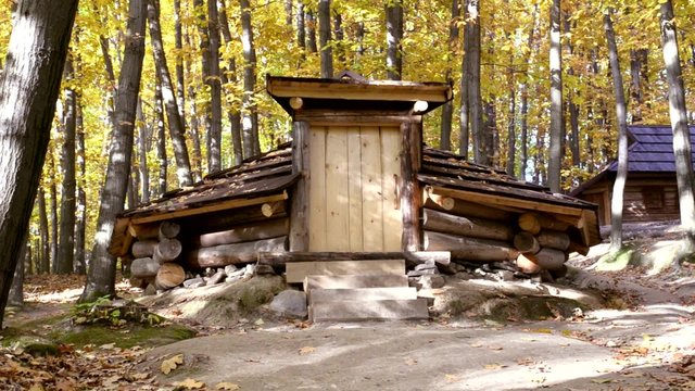 Mountain wooden temporary housing in the Carpathian forest, Ukraine