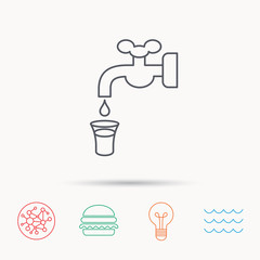 Save water icon. Crane with drop sign.