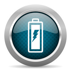 battery blue silver chrome border icon on white background