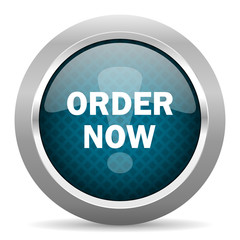 order now blue silver chrome border icon on white background