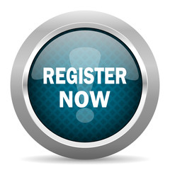 register now blue silver chrome border icon on white background