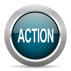 action blue silver chrome border icon on white background