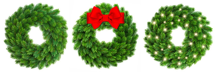 Christmas decoration evergreen wreath wit red ribbon bow lights - Powered by Adobe