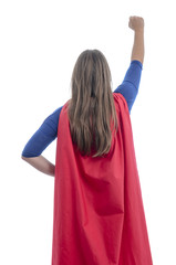 Rear view of a woman superhero with red cape and one arm up