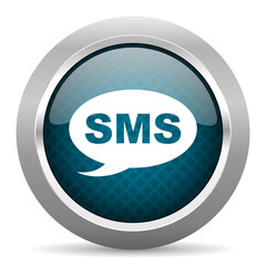 sms blue silver chrome border icon on white background