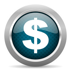 dollar blue silver chrome border icon on white background