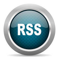rss blue silver chrome border icon on white background