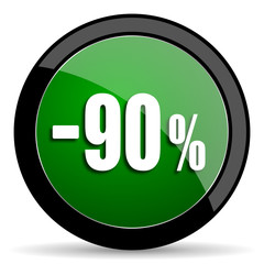 90 percent sale retail green web glossy icon with shadow on white background