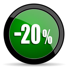 20 percent sale retail green web glossy icon with shadow on white background