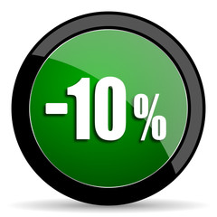 10 percent sale retail green web glossy icon with shadow on white background