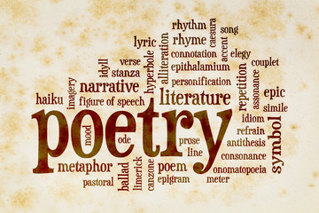 poetry word cloud on vintage paper - obrazy, fototapety, plakaty