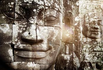 Buddha Faces Angkor Thom Siam Reap Cambodia Concept