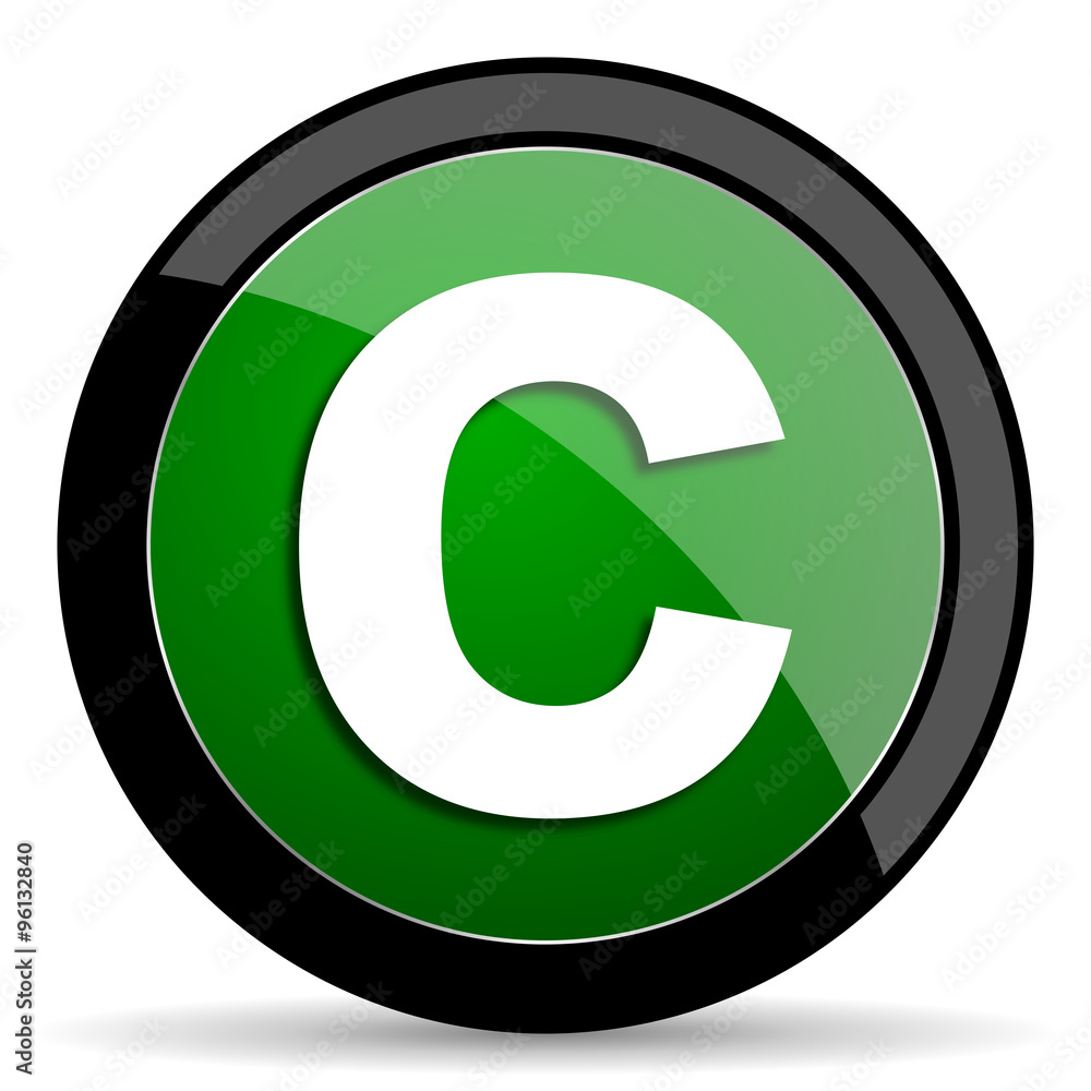 Poster copyright green web glossy icon with shadow on white background