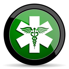 emergency green web glossy icon with shadow on white background