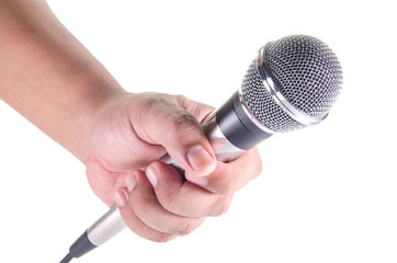 man hand holding microphone isolated on white background