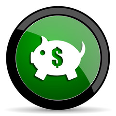 piggy bank green web glossy icon with shadow on white background
