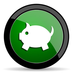 piggy bank green web glossy icon with shadow on white background