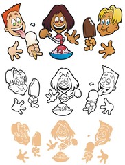 Three kids, three ways to eat ice cream. In full color, black outline, and reverse for printing on dark backgrounds